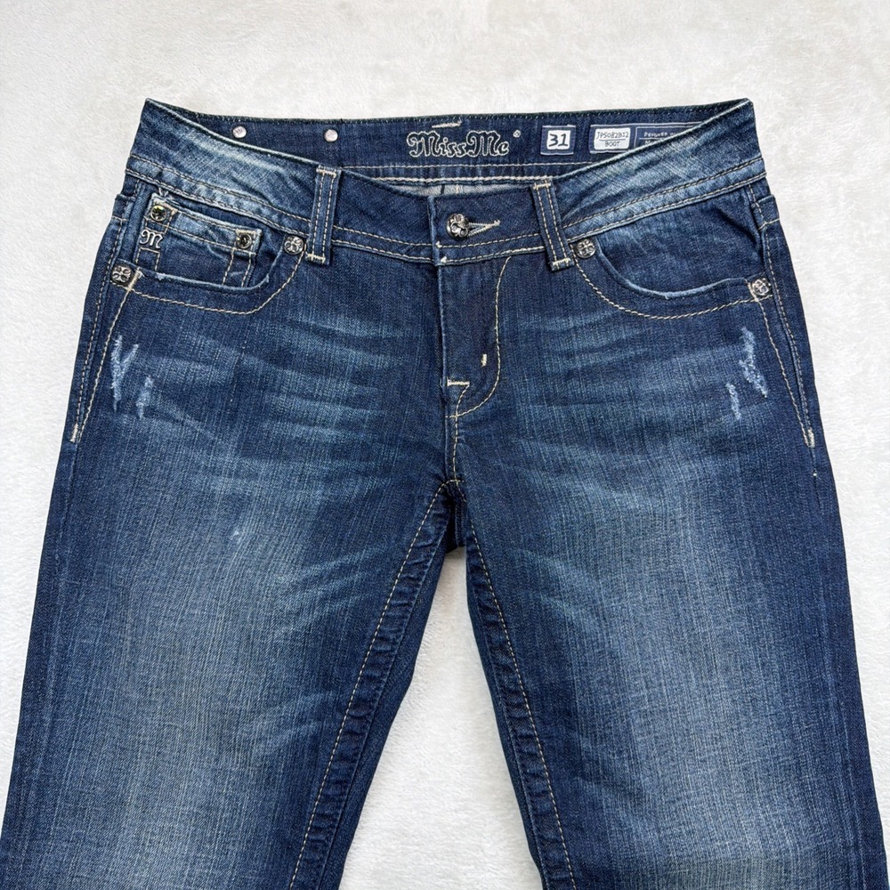 Miss Me Bootcut Jeans Womens 31 Blue Rhinestone Angel Wing Flap Pocket Low Rise - Picture 3 of 10